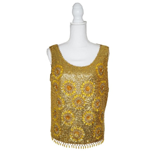 Vintage 1960s Beaded & Sequined Gold Tank Top by Harilela's - Picture 1 of 11